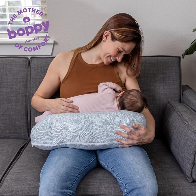 Boppy Nursing Pillow - Ergonomic Bottle & Breastfeeding Pillow with High, Firm, Large Area, Water-Repellent Cushion with Washable Cover; Baby Safety Alliance Verified - Blue Speckled Current
