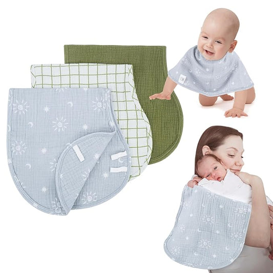 Muslin Burp Cloths with Snaps,Multi-Use Burpy Bib 100% Cotton for Spit Up & Drool,Large 22"X11" Extra Absorbent Burping Cloth for Newborn Boys Girls Essentials,Green