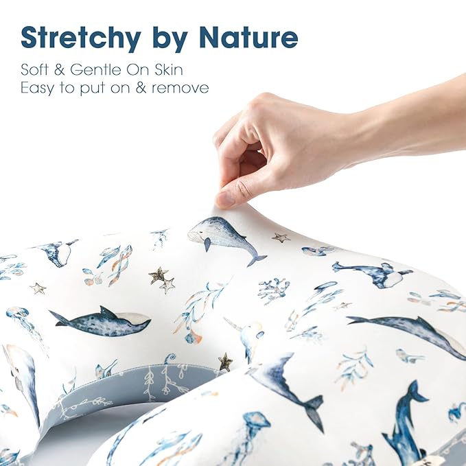GRSSDER Reversible Nursing Pillow Cover, Ultra Soft Stretchy Minky Removable Nursing Covers Fitted for Breastfeeding Pillows Snug and Safe, Sea Fish