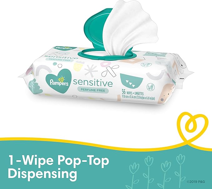 Baby Wipes, Pampers Sensitive Water Based Baby Diaper Wipes, Hypoallergenic and Unscented, 8 Pop-Top Packs, 576 Total Wipes (Packaging May Vary)