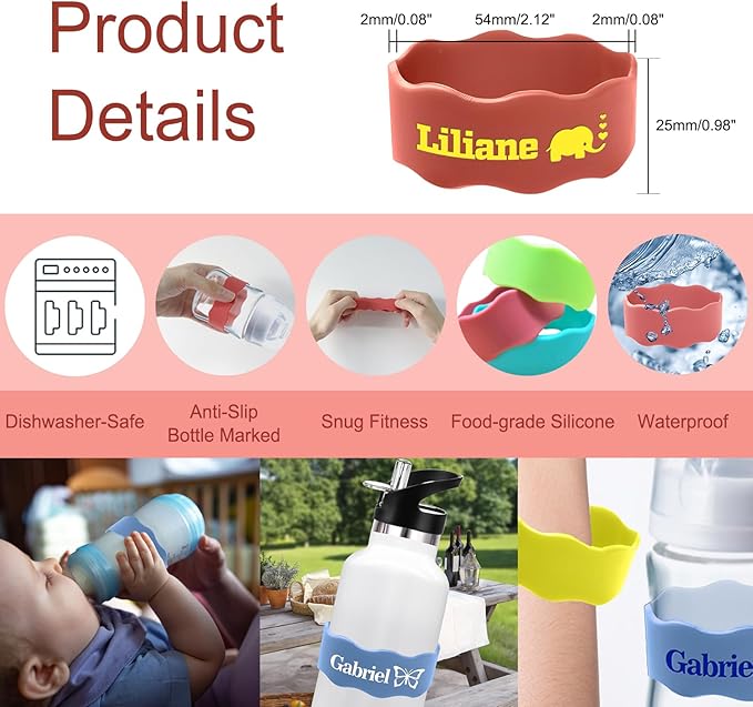 Custom Baby Bottle Labels for Daycare Silicone Water Bottle Name Bands Personalized Reusable Baby Bottle Straps for Kids Cups School(CoralRed)