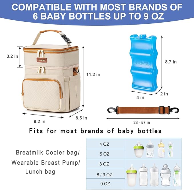 Breastmilk Cooler Bag with Ice Pack Fits 6 Baby Bottles Up to 9 Ounce
