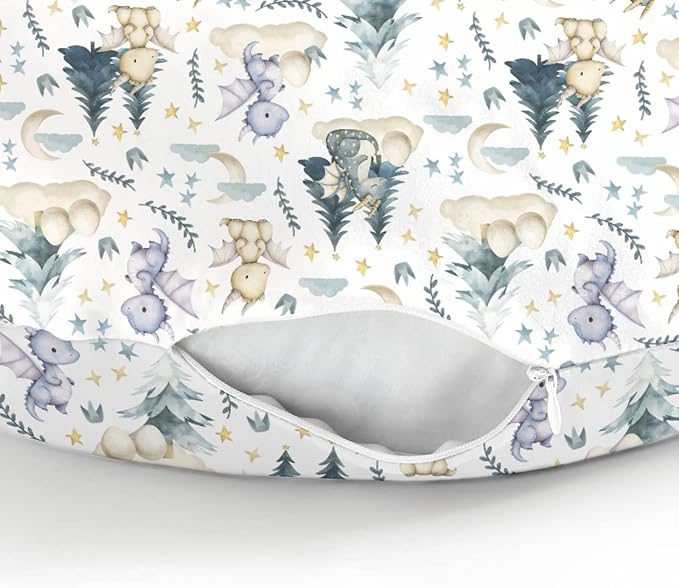 Fairytale Dragons Baby Nursing Pillow Cover for Boy Girl Cute Dragon Moon Stars Clouds Trees Eggs Nursery Pillowcase for Breastfeeding Pillows Fantasy Animal Soft Stretchy Slipcover for Newborn Infant