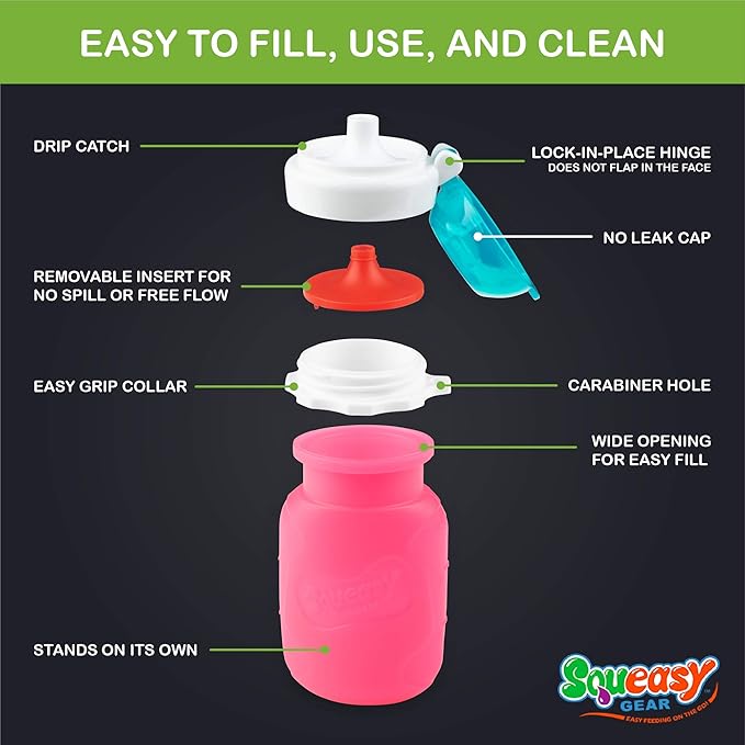 Pink 3.5 oz Squeasy Snacker Spill Proof Silicone Reusable Food Pouch - for Both Soft Foods and Liquids - Water, Apple Sauce, Yogurt, Smoothies, Baby Food - Dishwasher Safe
