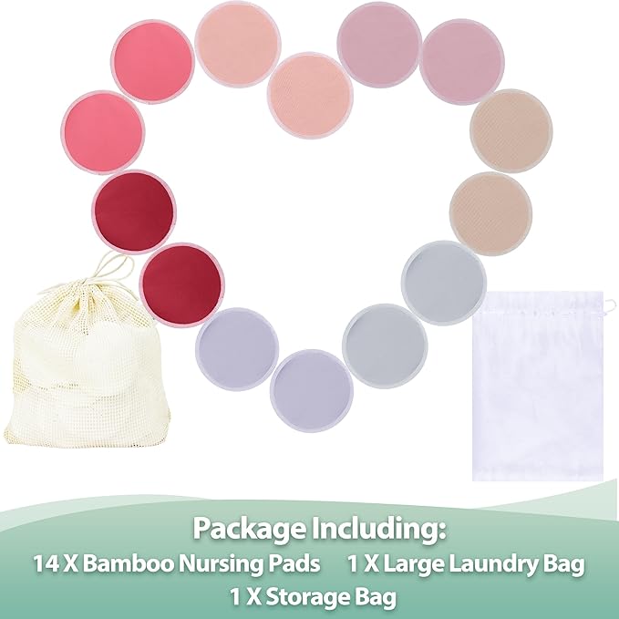 wegreeco Nursing Breast Pads (14 Pack) + Laundry Bag & Travel Storage Bag, 4.7 inch Option - Washable & Reusable Breastfeeding Nursing Pads (Pink and Purple, Large, Plain Shape)
