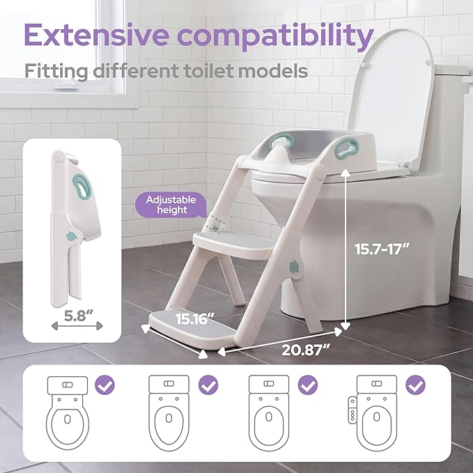 lalalark Potty Training Seat, 2-in-1 Toddler Toilet Seat with Steps, Upgrade Potty Step Stool for Toddler with Anti-Slip Pad Step Stool, Extended Splash Guard, Foldable Potty Ladder Boys Girls, Green