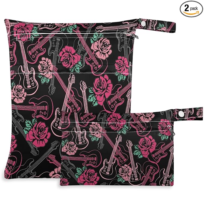 visesunny Guitar and Rose Floral 2Pcs Wet Bag with Zippered Pockets Washable Reusable Roomy Diaper Bag for Travel,Beach,Daycare,Stroller,Diapers,Dirty Gym Clothes,Wet Swimsuits,Toiletries