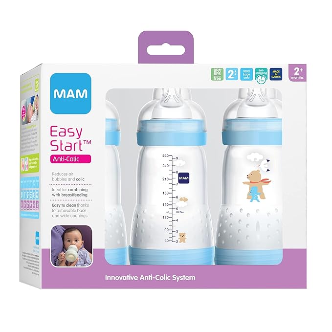 MAM Easy Start Anti-Colic Baby Bottles, 9 oz (3 Count) Bundle with Medium Flow Silicone Nipples