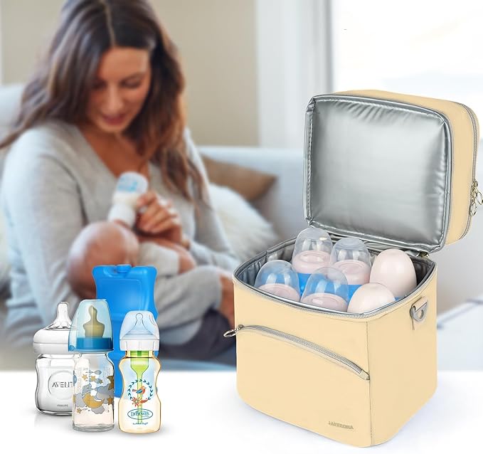 Breastmilk Cooler Bag with Ice Pack, Insulated Baby Bottle Tote Bags Fits 6 Bottles Up to 9 Ounce, Double Layer Breastmilk Travel Carrying Case for Nursing & Working Mom