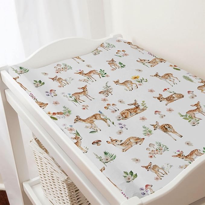 Spring Animal Changing Pad Cover Deer Mushroom Flowers Leaves Forest Baby Nursery Diaper Changing Pad Sheets for Boy Girl Soft Breathable Stretch Fitted Changing Table Sheets Mats 32''x16''