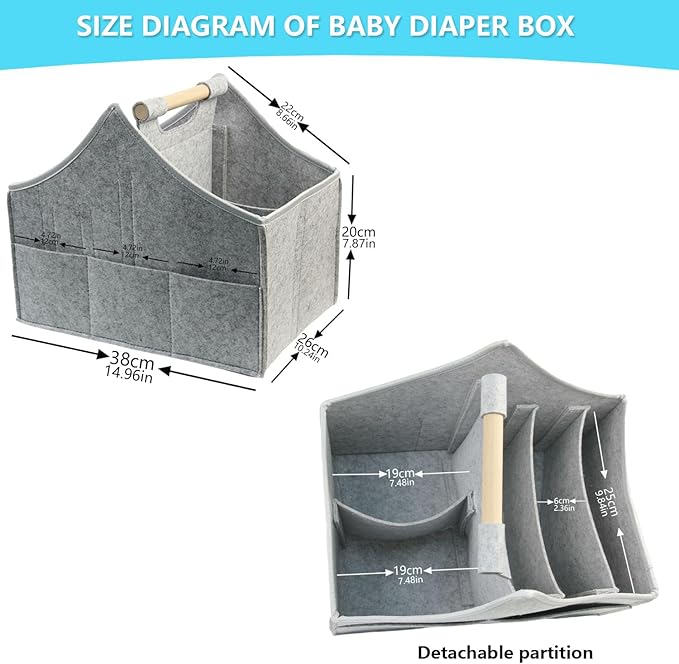 Baby diaper caddy organizer, car felt caddy, baby product storage basket, solid wood handle, detachable partition storage basket for daycare,Best Gift Basket for Babies (grey)