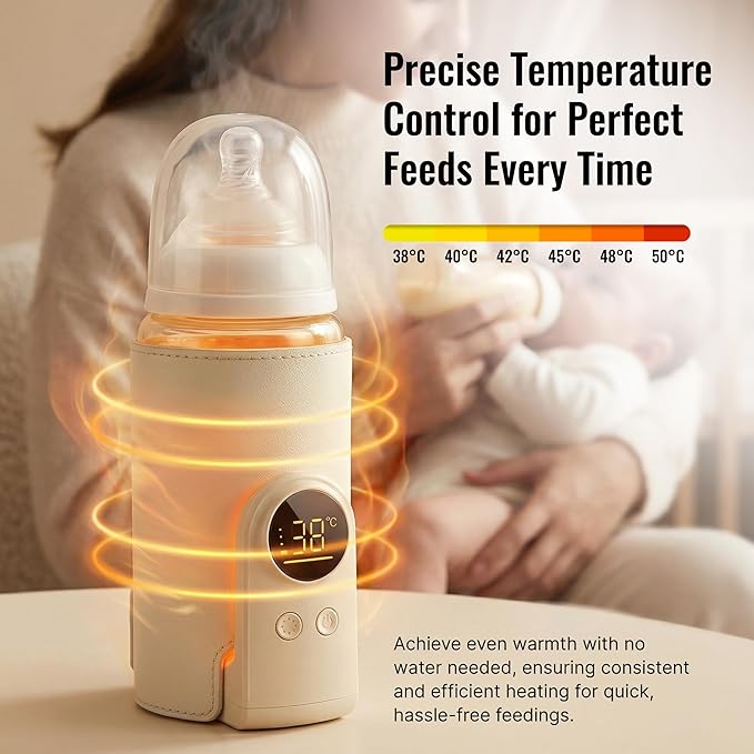 Portable Bottle Warmer for Travel - Car Waterless Bottle Warmer for Breastmilk & Formula Milk - Rechargeable Battery Powered Fast Heating with Temperature Control for On the Go Baby Feeding
