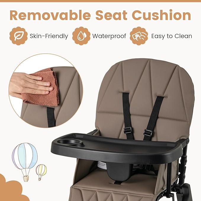 HONEY JOY High Chair, Foldable Baby Feeding Chair, Adjustable Tray & Footrest, Removable Easy-to-Clean PU Seat Cushion, 5-Point Harness, Cup Holder, Highchairs for Babies and Toddlers (Coffee)