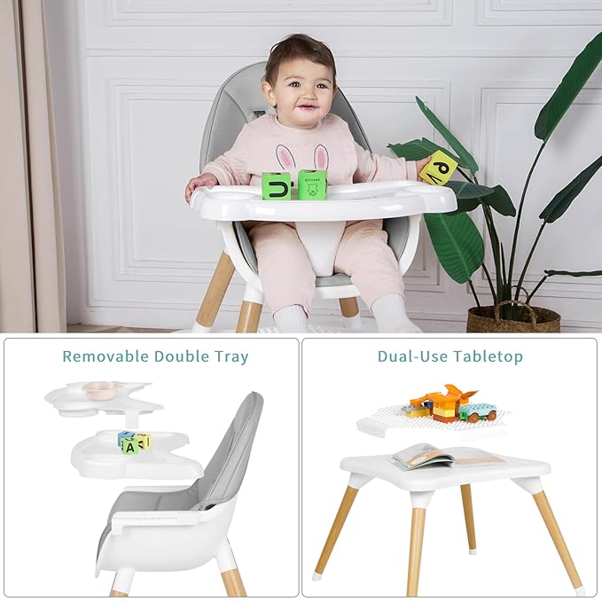 6 in 1 High Chair for Babies & Toddlers, Convertible Wooden Baby Highchair, Table and Chair Set, Baby Feeding Chair, 5-Point Adjustable Harness/4-Position Removable Tray& PU Seat Cushion(Beige)