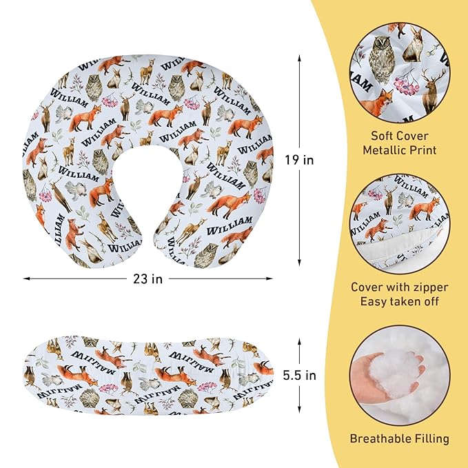 Baby Nursing Pillow Cover - Personalized Name Breastfeeding Pillow Cover with Foxes Pattern, Stretchy Removable U-Shaped for New Moms, Soft Breathable Slipcover for Infant Boys Girls