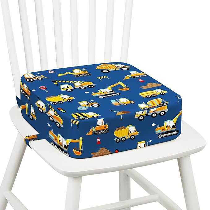 Toddler Booster Seat for Dining Table Kitchen Chair, Kids Booster Seat with Non-Slip Bottom and Adjustable Straps, 4" Detachable Washable Portable Travel Increasing Cushion (Excavator)