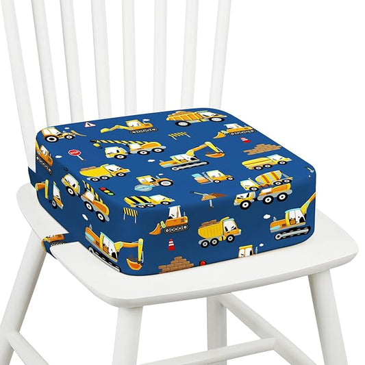 Toddler Booster Seat for Dining Table Kitchen Chair, Kids Booster Seat with Non-Slip Bottom and Adjustable Straps, 4" Detachable Washable Portable Travel Increasing Cushion (Excavator)