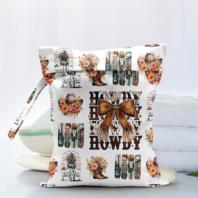 Waterproof Cloth Diaper Wet Dry Bag Reusable Travel Beach Pool Daycare Soiled Toddler Items Yoga Gym Bag for Swimsuits Wet Clothes Bags - Dark Floral Western Boots Pattern