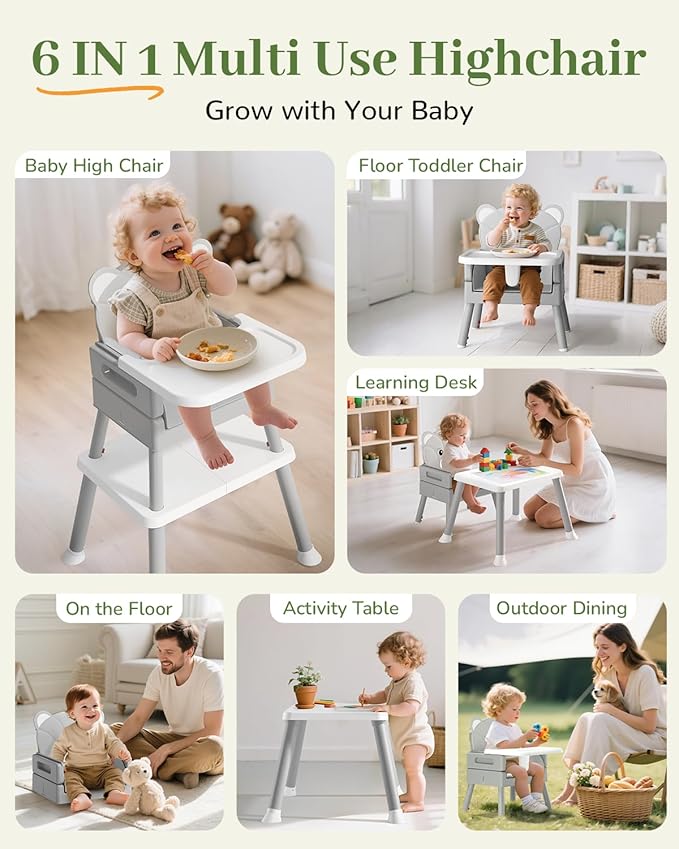 AVIDOR Baby Highchair for Babies and Toddlers, 6 in 1 High Chair with 5 Point Harness and Removable Safe Tray, Easy Clean& Ergonomic, Cute Bear Cunshion Baby Highchair for 6-36 Months and 35 lbs, Gray