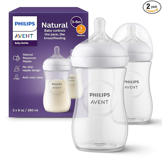 Philips Avent Natural Baby Bottles with Natural Response Nipples (Medium Flow, Flow 3), 9oz, 2-Pack, SCY903/02