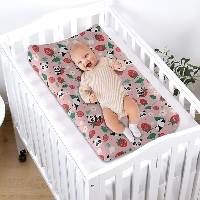 GOSTONG Panda Strawberry Changing Pad Cover for Toddler Baby Girls Boys Diaper Change Table Sheet Cover Replacement Stretchy Changing Table Covers Soft Breathable