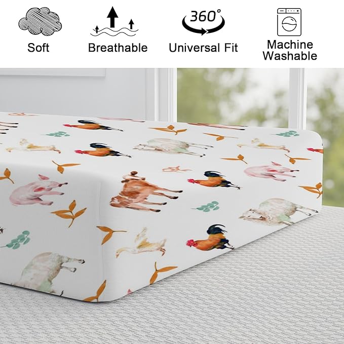 Watercolor Farm Animals Changing Pad Cover Cow Lamb Chicken Pig Hen Duck Sunflowers Leaves Diaper Change Table Cover Sheets for Boys Girls Soft Stretchy Fitted Changing Mat Sheets