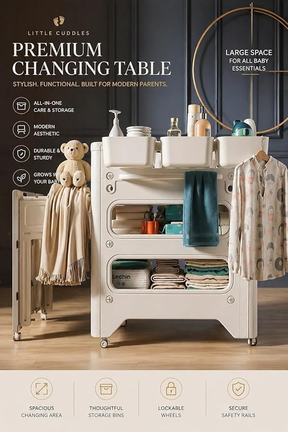 Heavy-Duty Baby Changing Table with Storage & Adjustable Height – Waterproof HDPE Diaper Changing Station for Nursery & Daycare, Removable Care Basin