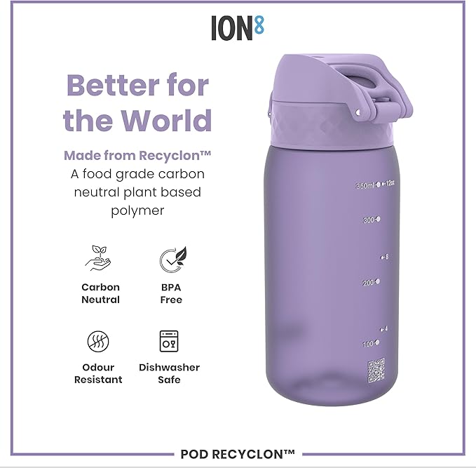 Ion8 Small Water Bottle, 350 ml/12 oz, Leak Proof, Easy to Open, Secure Lock, Dishwasher Safe, BPA Free, Carry Handle, Hygienic Flip Cover, Easy Clean, Odor Free, Carbon Neutral, Light Purple