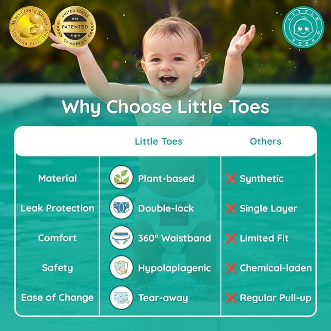 Little Toes Premium Natural Disposable Swim Diapers, Size 5 Large (26+ lbs) (24 Count) | Baby Disposable Swim Diapers | Hypoallergenic, Chlorine & Fragrance-Free | Gentle on Sensitive Skin