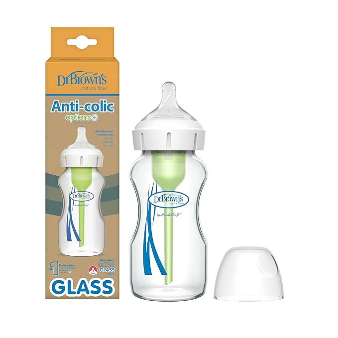 Dr. Brown's Anti-Colic Options+ Wide-Neck Glass Baby Bottle 9 oz, Level 1 Slow Flow Nipple 1 Pack with Storage/Travel Caps 2 Pack