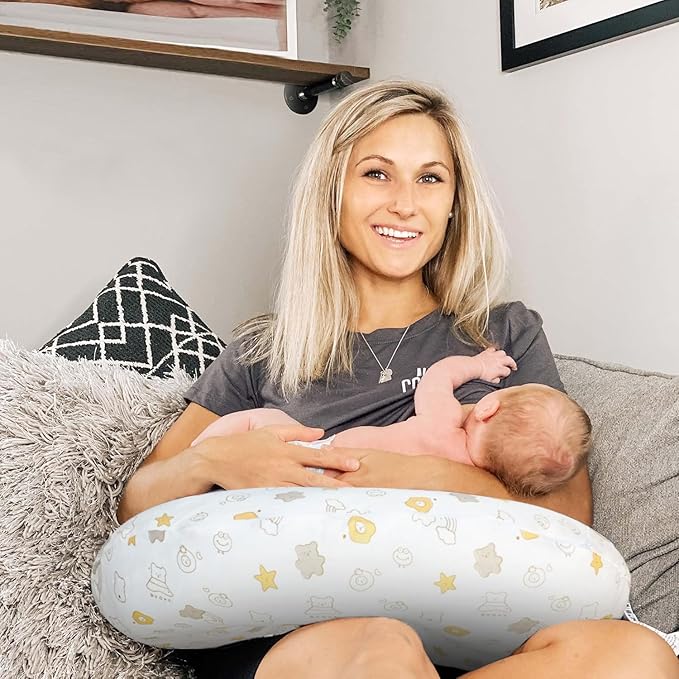 Nursing Pillow Cover(Only Pillowcase) Soft Cotton Removable Cover for Breastfeeding Pillows, Ultra Comfortable Breathable Slipcover for Newborn Baby Girl and Boy (Yellow Star)