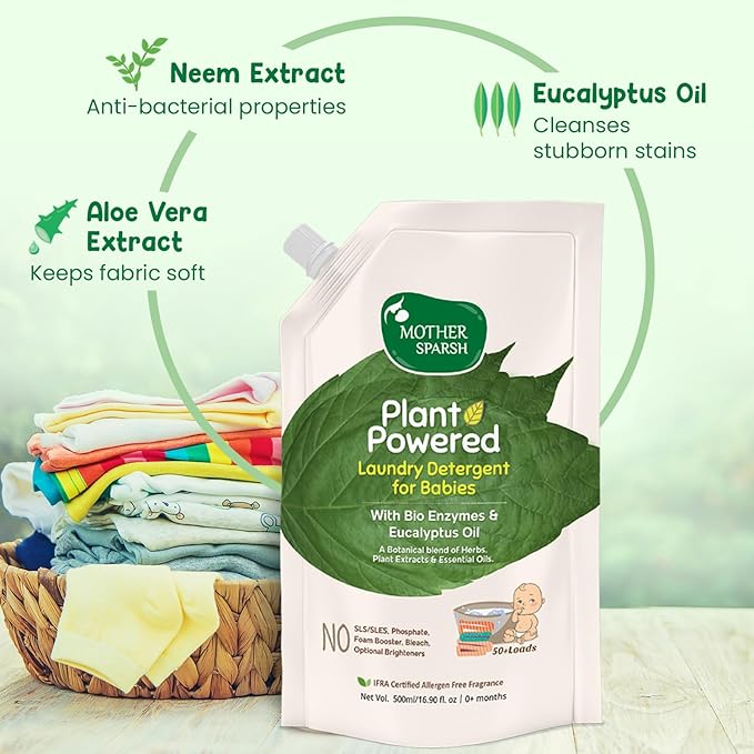 Mother Sparsh Baby Laundry Liquid Detergent (Powered by Plants) with Bio - Enzymes and Eucalyptus Oil, Refill Pack (500ml X 3)