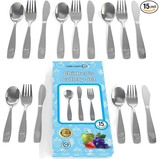 CHILLOUT LIFE Stainless Steel Kids Silverware Set 15 Pieces - Child and Toddler Safe Flatware - Kids Utensil Set - Metal Kids Cutlery Set Includes 5 Small Kids Spoons, 5 Forks & 5 Knives