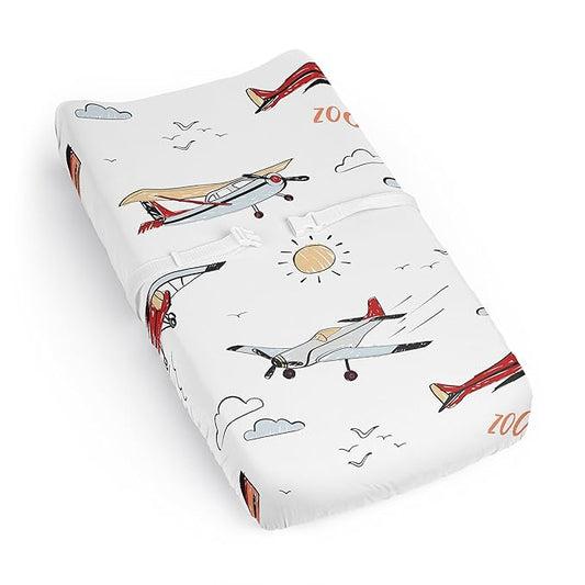 Sweet Jojo Designs Baby Changing Pad Cover Sheet (Vintage Airplane) for Boys, Infant/Newborn Diaper Change Table Mat Covers (Sky, Airplanes, Air Plane, Transportation, Aviator, Aviation, Blue Clouds)