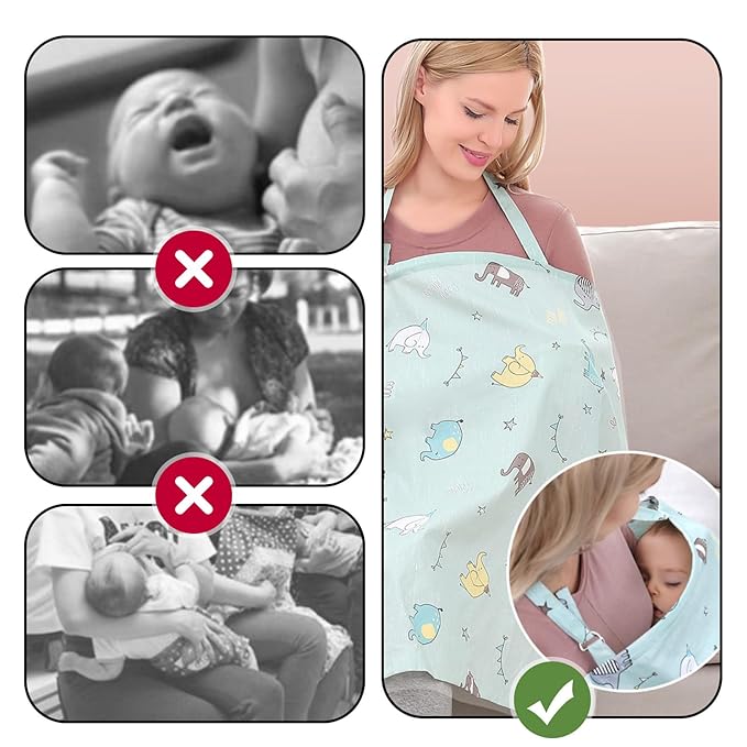 100% Cotton Nursing Cover with Support Ring & Mesh Layer, Breathable Nursing Cover Up for Breastfeeding, Adjustable Arch Neckline Breastfeeding Apron for Women