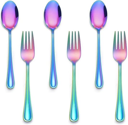 LIANYU 6-Piece Kids Forks and Spoons Silverware Set, Rainbow Children Toddler Utensils Set, Stainless Steel Child Flatware Cutlery for Home Preschools, Dishwasher Safe