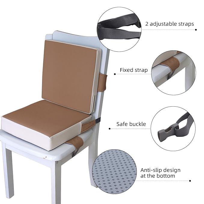 Eiury Booster Seat for Dining Table, PU Anti-Scratch Easy Cleaning Kids Toddler Booster Seat for Table, Portable Travel Increasing Cushion for Chair - Brown