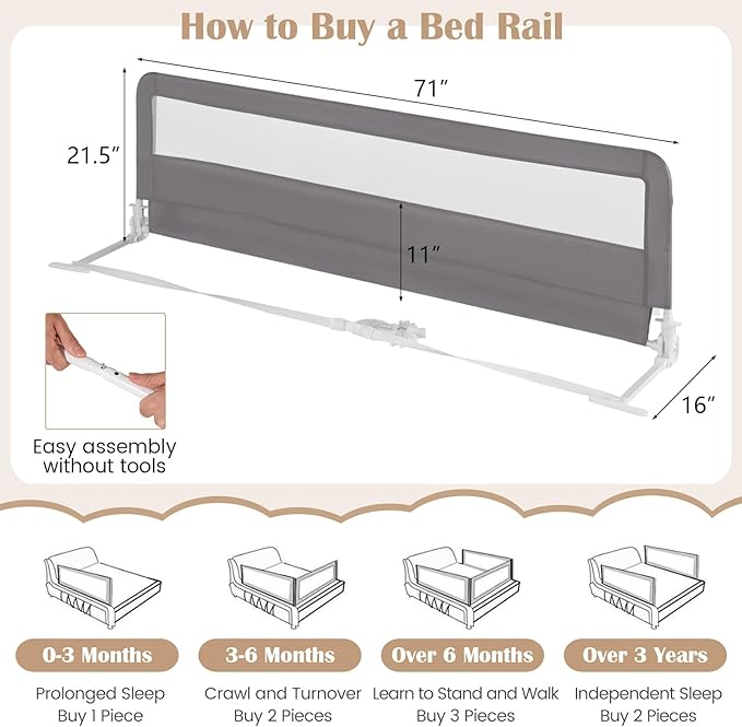 HONEY JOY Bed Rail for Toddlers, 71-in Extra Long, Portable Safety Bed Guardrail w/Double Safety Child Lock, Foldable Baby Bed Rail Guard, Fit King & Queen Full Twin Size Bed Mattress(Gray, Pack 2)