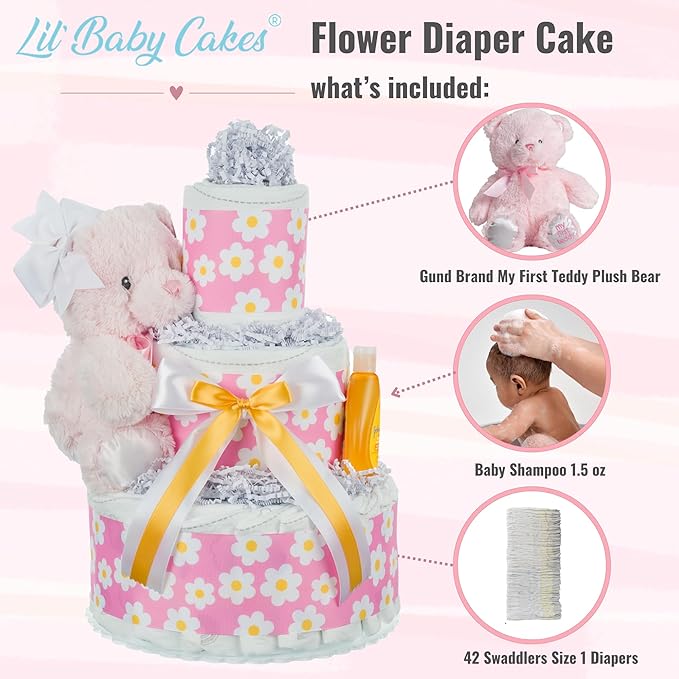 Lil' Baby Cakes Flower Diaper Cake - Makes a Beautiful Baby Gift - Size 1 Diapers - 10 in X 12 in