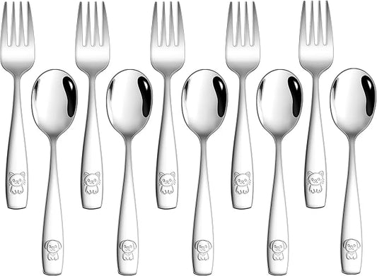 LIANYU 10 Pieces Toddler Silverware Set, Stainless Steel Kids Silverware Set, Metal Baby Utensils with Small Toddler Forks and Spoons, Children Safe Flatware with Cute Pattern, Dishwasher Safe