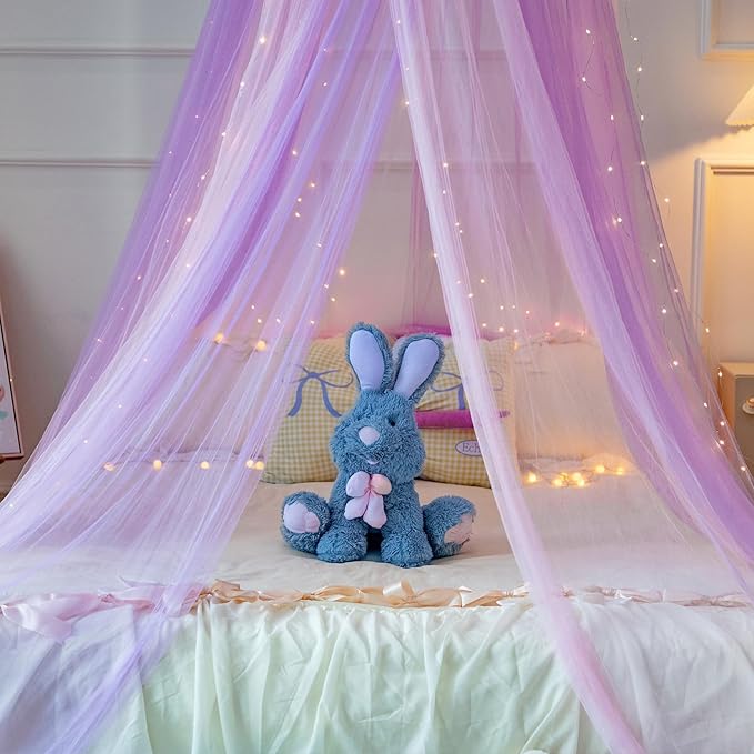 Princess Pink Purple Bed Canopy with Lights for Girls Bed Net,Princess Canopy for Kids Bed Room Decor (Pink Purple+Lights)