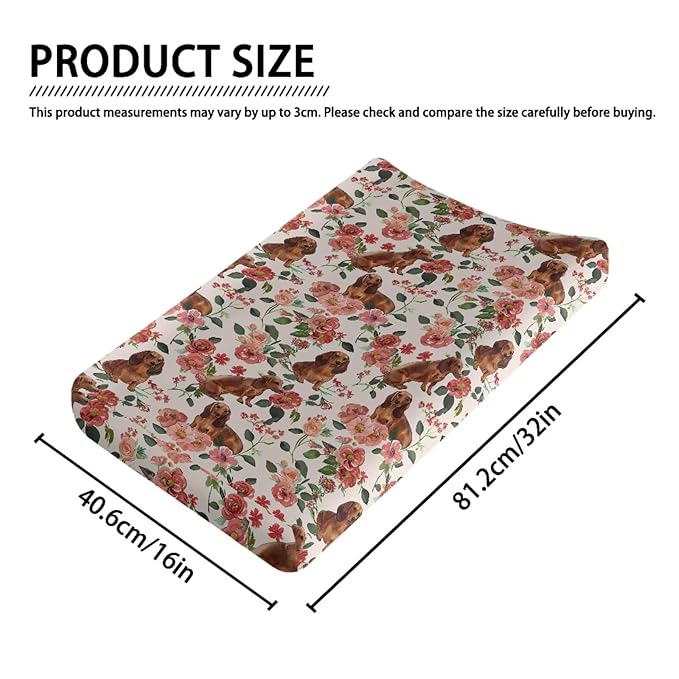 Dog Diaper Changing Table Pad Cover Soft Change Pad Cover for Baby Newborn Dachshund Rose Floral Baby Nursery Changing Mat Sheet Protector, One Size