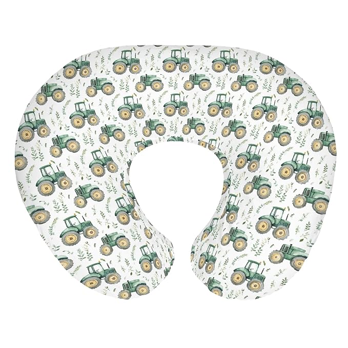 Watercolor Green Tractors Baby Nursing Pillow Covers for Boy Girl Farm Tractors Boho Leaves Nursery Feeding Pillowcase for Breastfeeding Pillows Farm Life Soft Stretchy Slipcovers for Newborn Infant