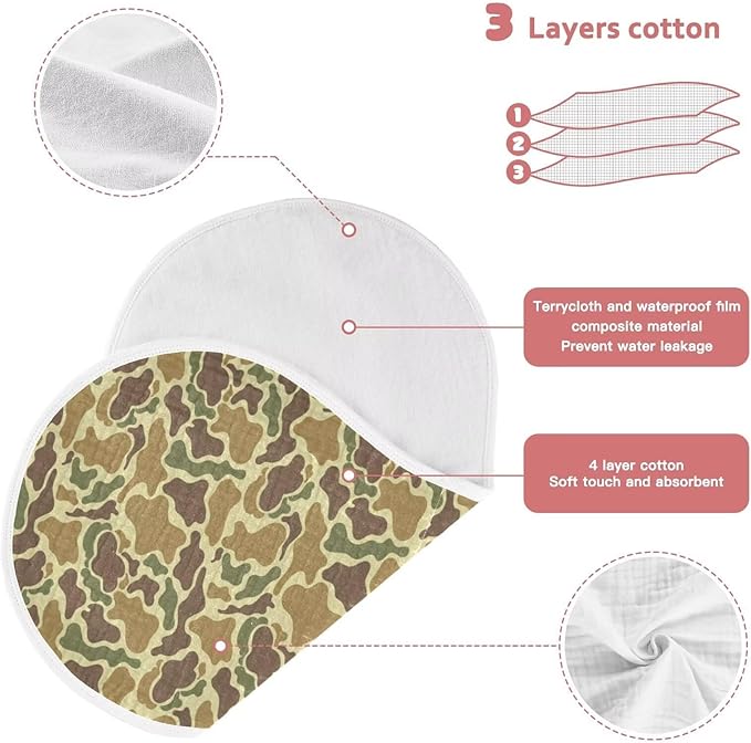 Baby Muslin Burp Cloths Set of 4 Vintage Camo Green Muslin Washcloths Camouflage Retro Brown Army Milk Spit Up Rags Soft Newborn Towel Burp Cloth Bib for Unisex Boys and Girls, 22 x 11 Inch