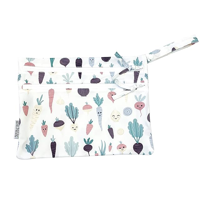 BapronBaby Root Veggies Wet Dry Bag - Waterproof Two Zipper Pockets - Reusable for Mealtime, Diapers, Stroller, Snacks, Swimsuits - Machine Washable - 11" x 9"