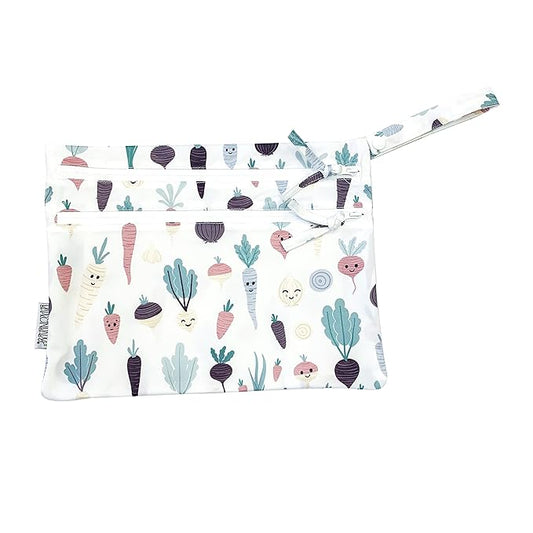 BapronBaby Root Veggies Wet Dry Bag - Waterproof Two Zipper Pockets - Reusable for Mealtime, Diapers, Stroller, Snacks, Swimsuits - Machine Washable - 11" x 9"