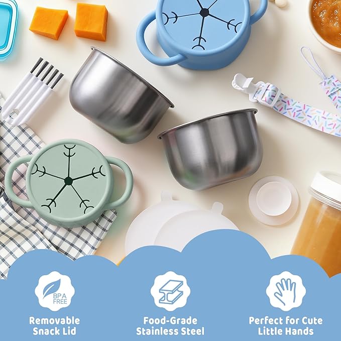 Qtencas 2 Pack Stainless Steel Snack Containers for Toddlers with Spill-Proof Silicone Lids and Handles, Food Grade Snack Cups for Toddlers Kid（Green and Blue）