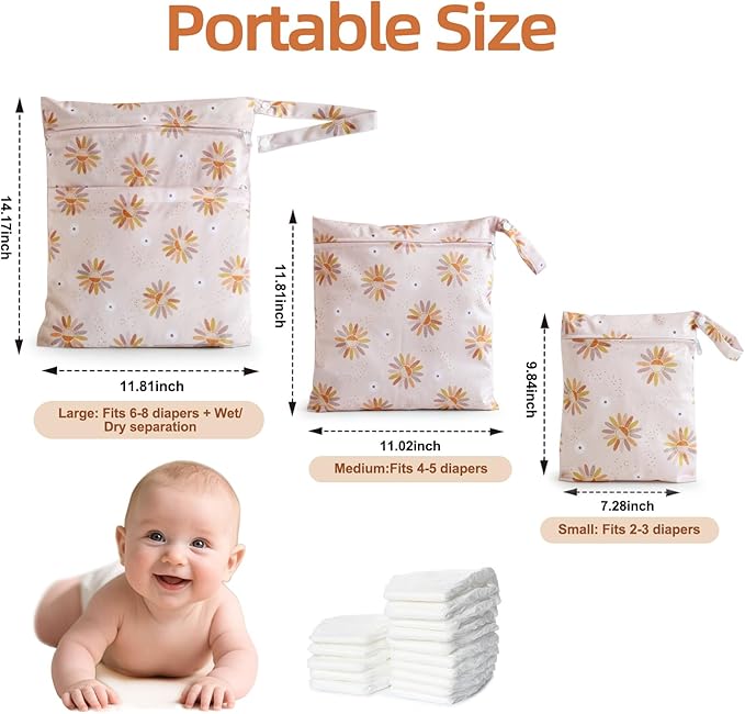 3 PCS Waterproof Wetbag, Wet Bags for Baby Cloth Diapers and Soiled Clothes, Reusable Wet Bag for Swimsuit and Towels with Double Zipper Pockets, Travel Beach Pool Essentials