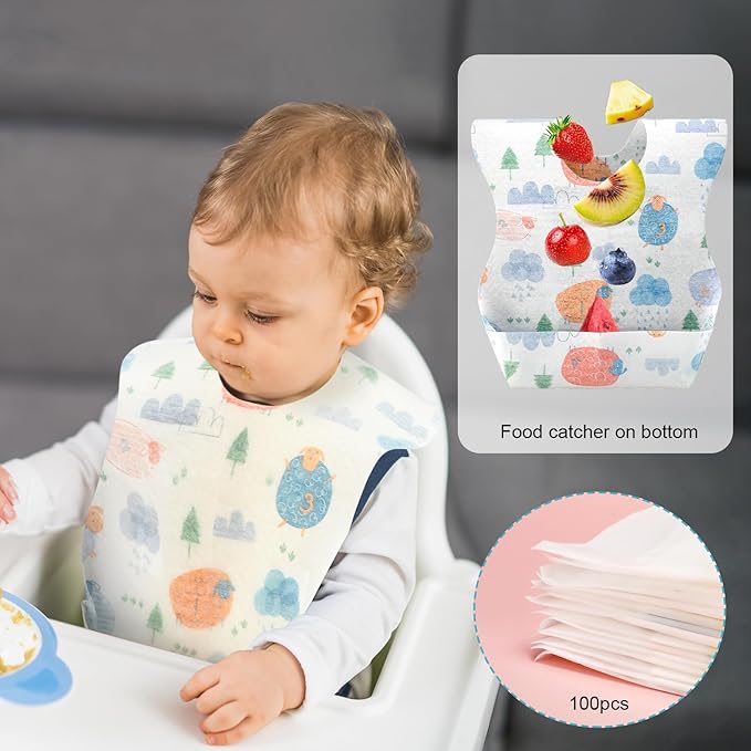 Shinymoon 100 Pcs Disposable Baby Bibs Individual Wrapped Travel Bibs Waterproof Food Catcher for Toddlers Girls Boys Feeding
