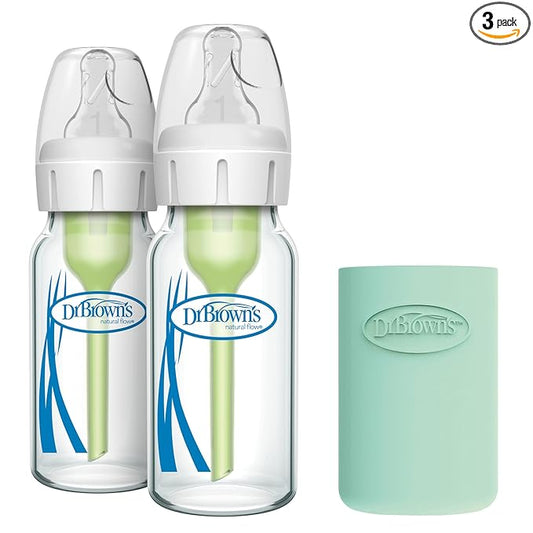 Dr. Brown's Anti-Colic Options+ Narrow Glass Baby Bottle with Level 1 Slow Flow Nipple, BPA-Free, 4 oz/120 mL, 0m+, 2-Pack + Mint Bottle Sleeve